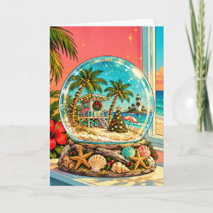Tropical Beach Snow Globe with Lighthouse & Palms Holiday Card