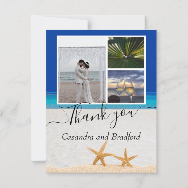 Tropical Beach Starfish in Sand Wedding  Dark Blue Thank You Card (Front)