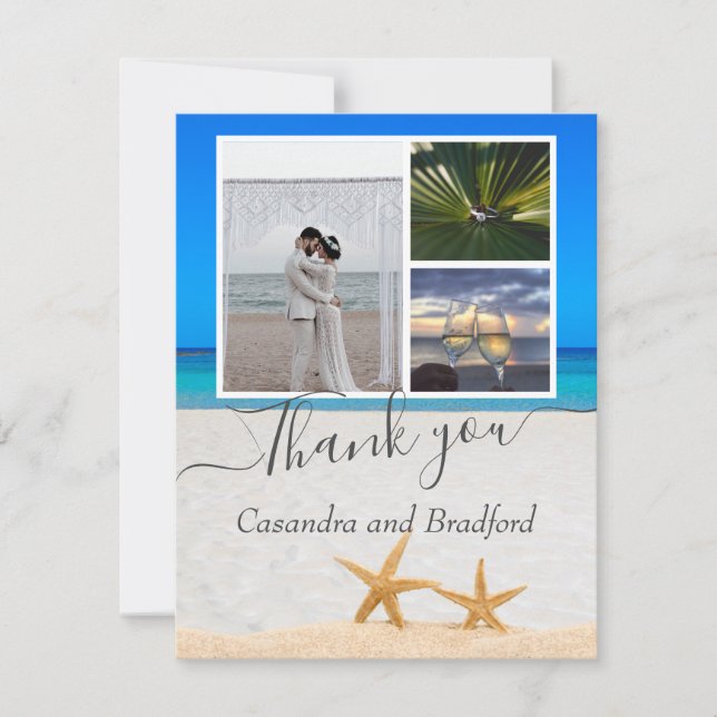 Tropical Beach Starfish in Sand Wedding  Thank You Card (Front)