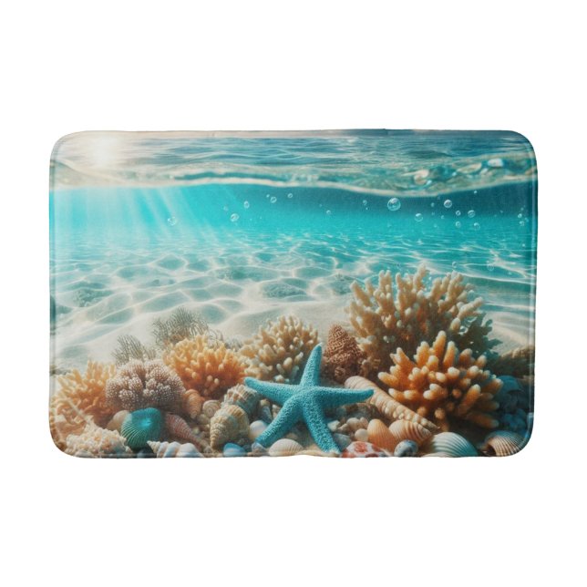 Tropical Beach Starfish Seashells Ocean Scene Bath Mat (Front)