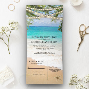 Tropical Beach String Lights All in One Wedding Tri-Fold Invitation