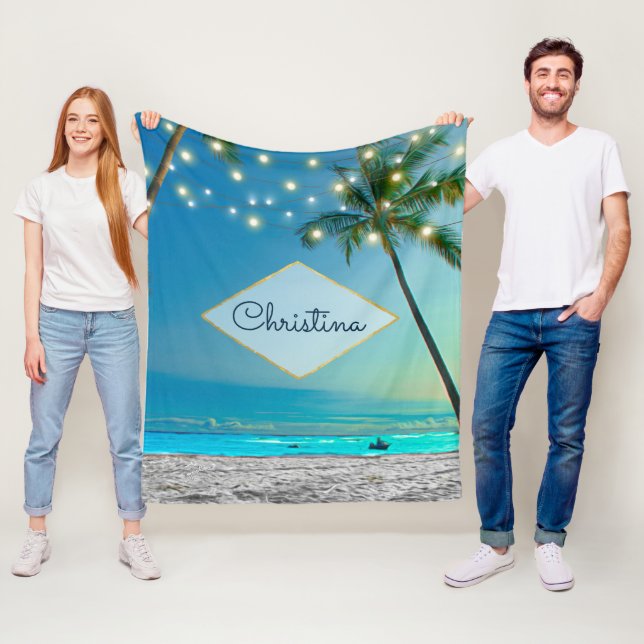 Tropical Beach String Lights Palm Trees Own Name Fleece Blanket (In Situ)