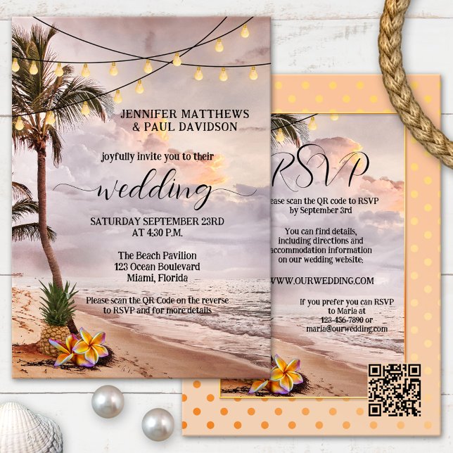 Tropical Beach String Lights QR Code Wedding Invitation (Creator Uploaded)