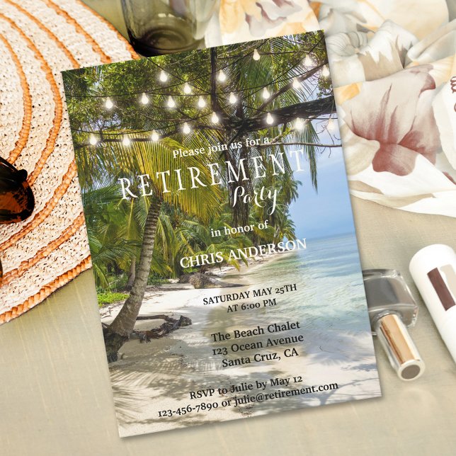 Tropical Beach String Lights Retirement Invitation (Creator Uploaded)