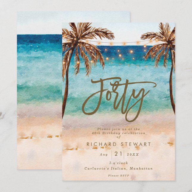 tropical beach summer 40th birthday party invitation (Front/Back)