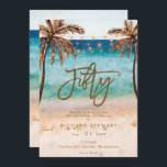 tropical beach summer 50th birthday party invitation<br><div class="desc">A lovely tropical beach themed 50th birthday invitation with palm trees and string lights and matching reverse side. Easy to edit or delete the available text fields to personalise the information with your own details for a professional and custom finish. Matching items are available in this boho collection. Please visit...</div>