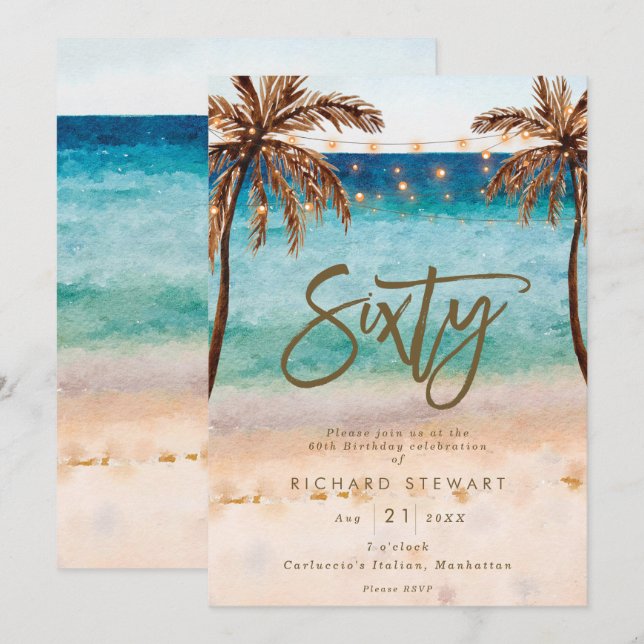 tropical beach summer 60th birthday party invitation (Front/Back)