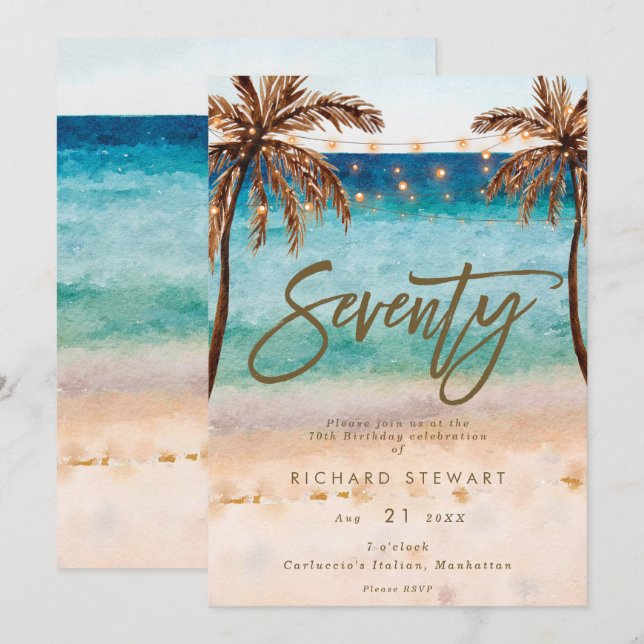 tropical beach summer 70th birthday party invitation (Front/Back)