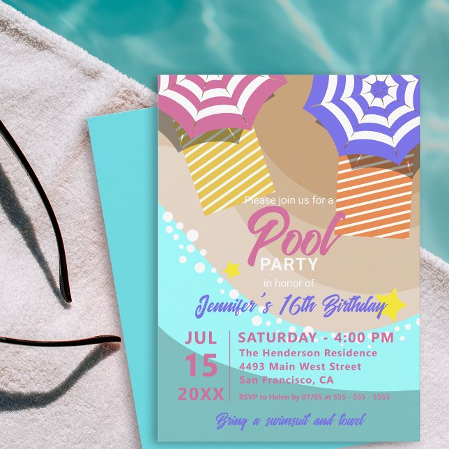 Tropical Beach Summer Pool Party Sweet 16 Birthday Invitation (Creator Uploaded)