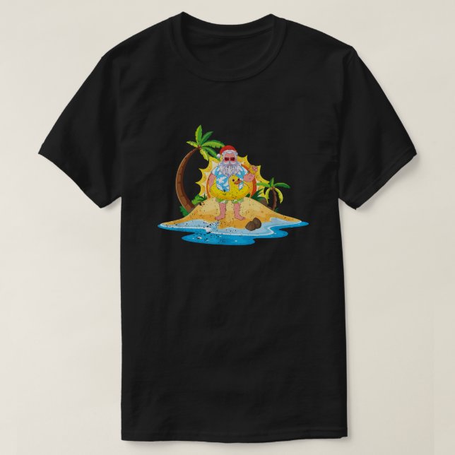 Tropical Beach Summer Sunset Funny Santa Christmas T-Shirt (Design Front)