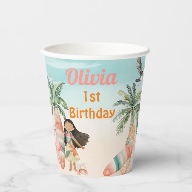 Tropical Beach Summer Surf Sea 1st Birthday Girl Paper Cups (Front)