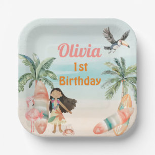 Tropical Beach Summer Surf Sea 1st Birthday Girl Paper Plate