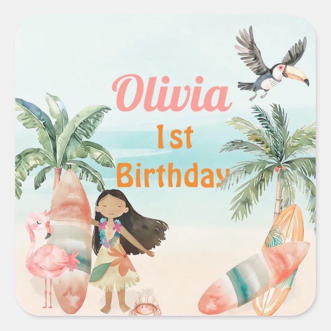 Tropical Beach Summer Surf Sea 1st Birthday Girl Square Sticker (Front)