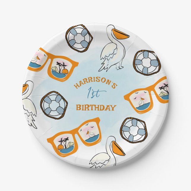 Tropical Beach Sunglasses Boy Birthday Paper Plate (Front)