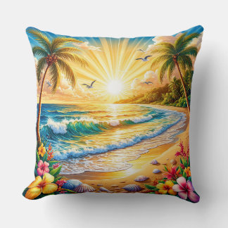Tropical Beach Sunrise with Palm Trees, Waves Cushion