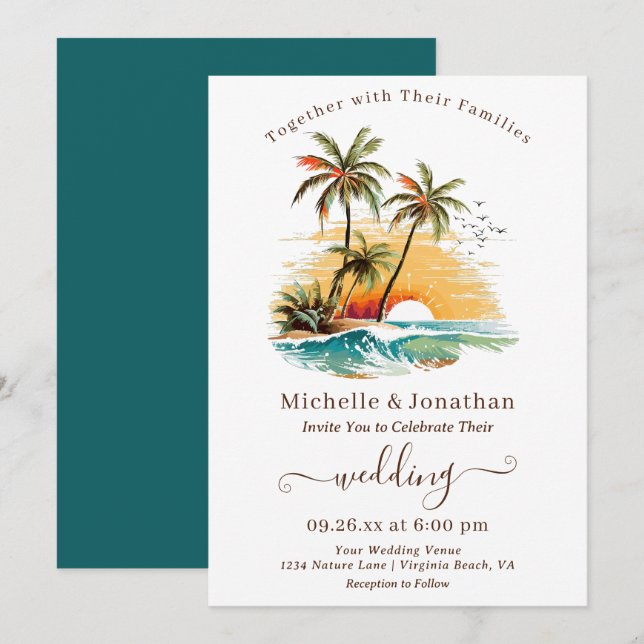 Tropical Beach Sunset Destination Wedding Invitation (Front/Back)