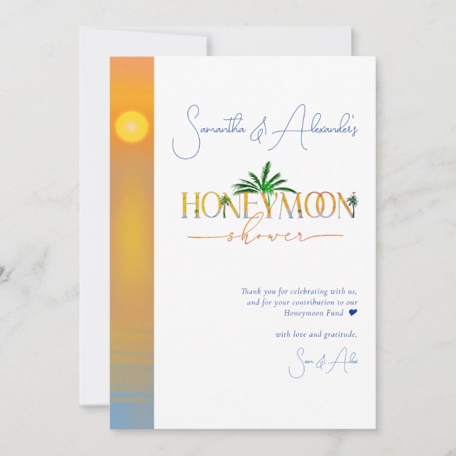 Tropical Beach Sunset Honeymoon Fund Couple Shower Thank You Card (Front)