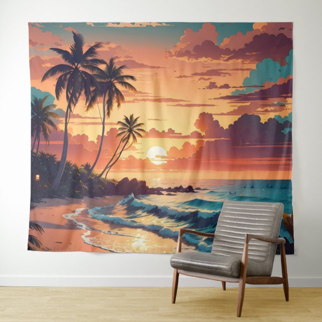 Tropical Beach Sunset Large Tapestry (In Situ (Horizontal))