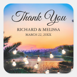 Tropical Beach Sunset Lights Wedding Thank You Square Sticker