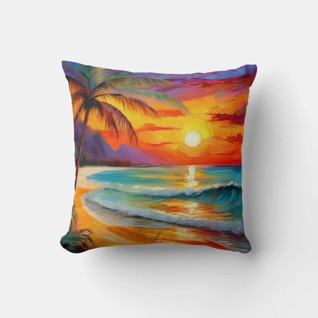 Tropical Beach Sunset Ocean Hawaii Coastal Art Cushion (Front)
