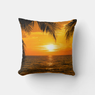Tropical Beach Sunset Palm Illustration Cushion