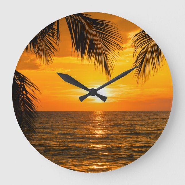 Tropical Beach Sunset Palm Illustration Large Clock (Front)