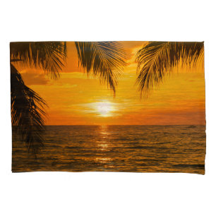 Tropical Beach Sunset Palm Illustration Pillowcase