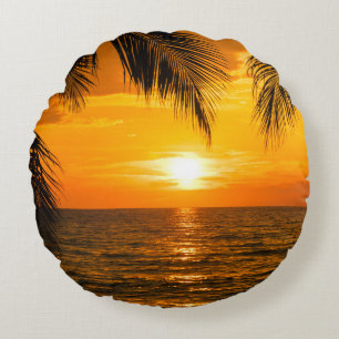 Tropical Beach Sunset Palm Illustration Round Cushion