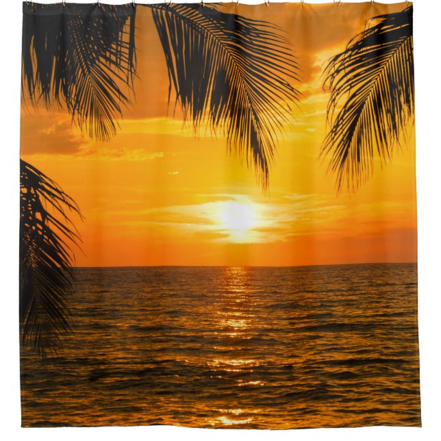 Tropical Beach Sunset Palm Illustration Shower Curtain (Front)