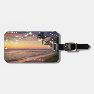 Tropical Beach,Sunset, Palm, String Lights Luggage Tag
