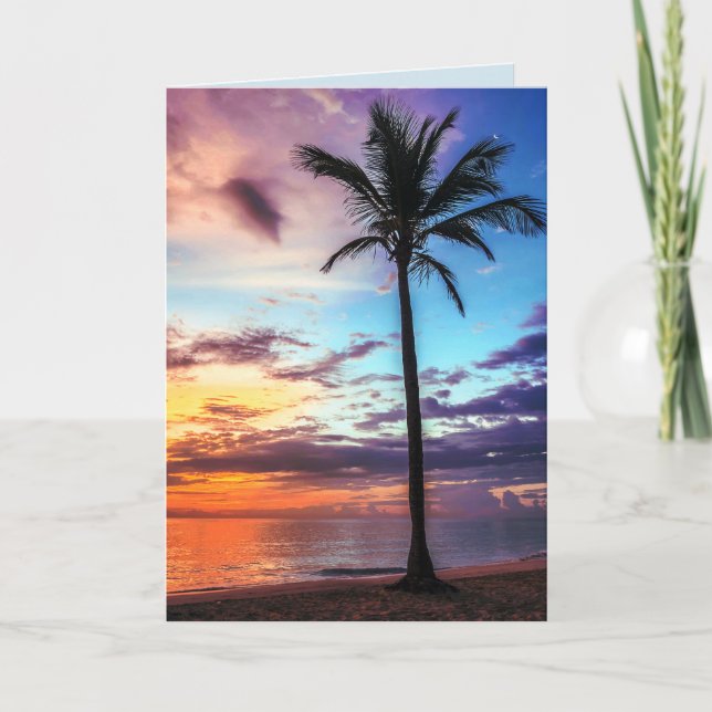 Tropical Beach Sunset Palm Tree Card (Front)