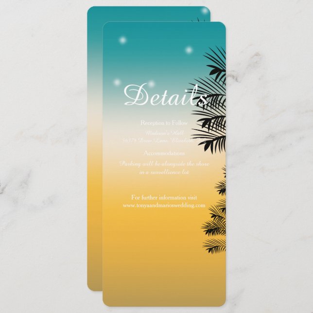 Tropical Beach Sunset Palm Tree DETAILS Wedding Invitation (Front/Back)