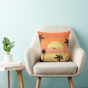 Tropical Beach Sunset Palm Tree Silhouette Art Cushion