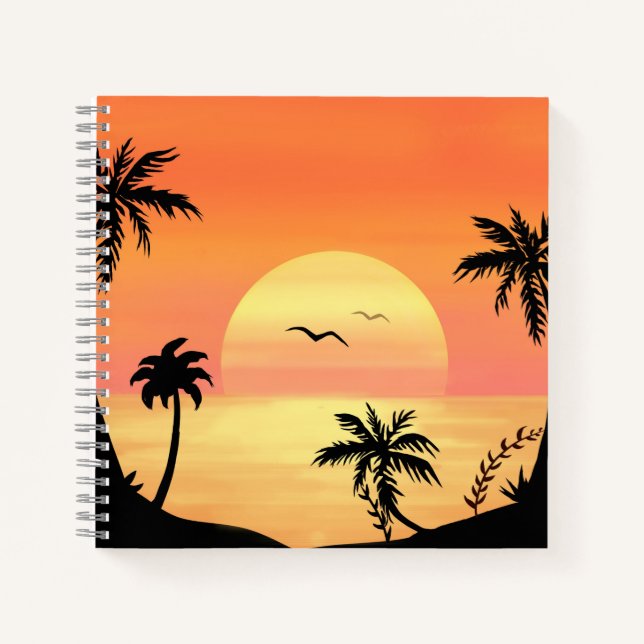 Tropical Beach Sunset Palm Tree Silhouette Art Notebook (Front)