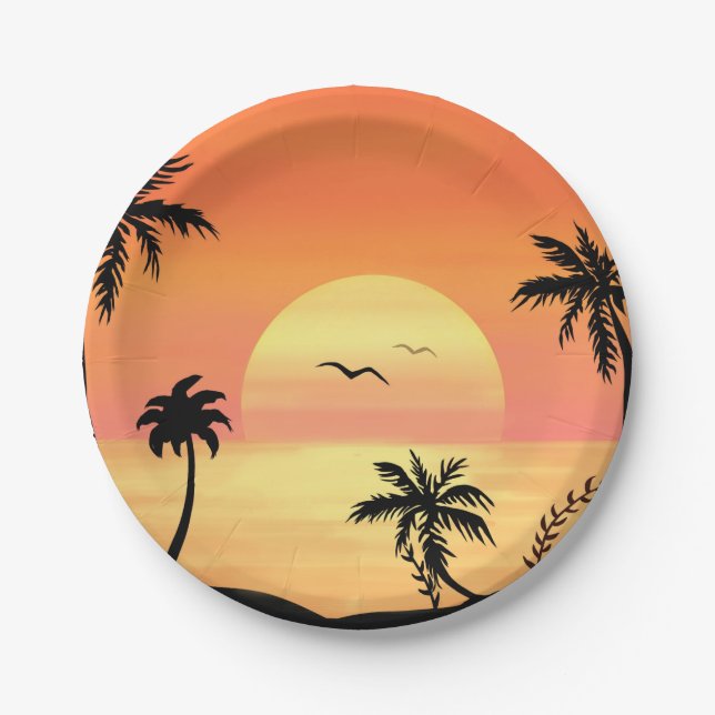 Tropical Beach Sunset Palm Tree Silhouette Art Paper Plate (Front)