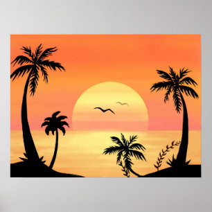 Tropical Beach Sunset Palm Tree Silhouette Art Poster