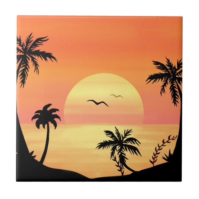 Tropical Beach Sunset Palm Tree Silhouette Art Tile (Front)