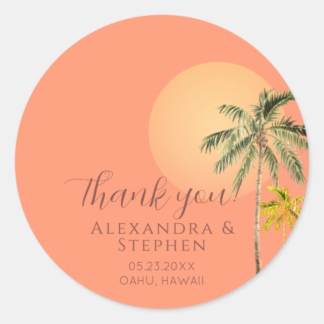 Tropical Beach Sunset & Palm Trees Minimal Wedding Classic Round Sticker (Front)