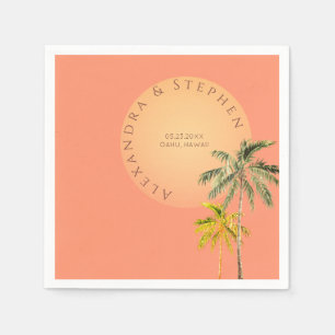 Tropical Beach Sunset & Palm Trees Minimal Wedding Napkin