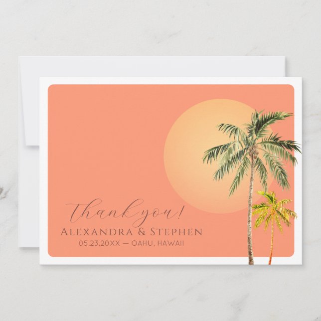 Tropical Beach Sunset & Palm Trees Minimal Wedding Thank You Card (Front)