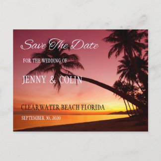 Tropical Beach Sunset Palm Trees Save The Date Announcement Postcard