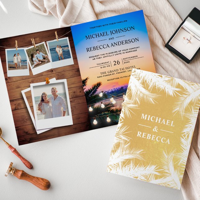 Tropical Beach Sunset Photo Collage Wedding Invite (Creator Uploaded)