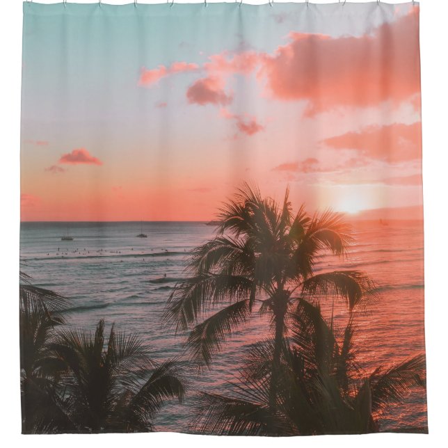 Tropical Beach Sunset Photo Seaside Palm Trees Shower Curtain (Front)