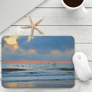 Tropical Beach Sunset Scenic Sky Ocean Seagulls Mouse Mat