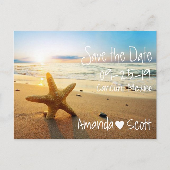 Tropical Beach Sunset Starfish Save the Date Announcement Postcard (Front)