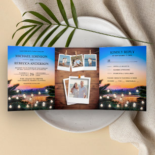 Tropical Beach Sunset String Lights Photo Wedding Tri-Fold Invitation