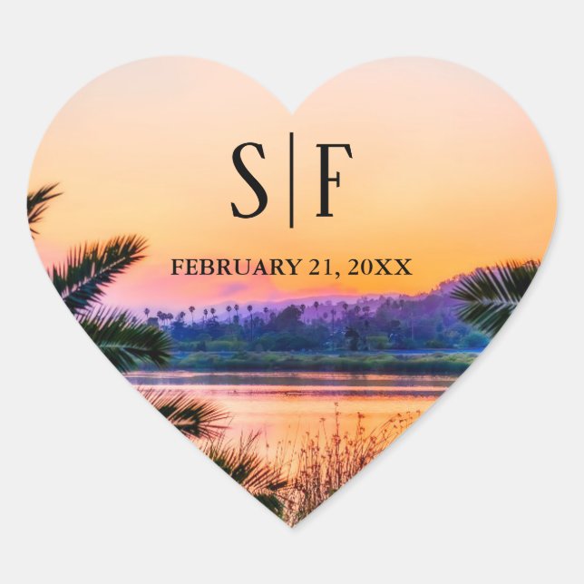 Tropical Beach Sunset String Lights Wedding Heart Sticker (Front)