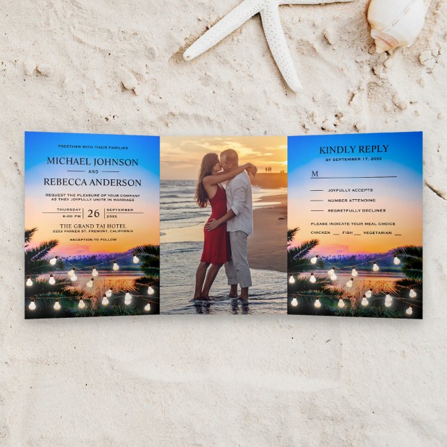 Tropical Beach Sunset String Lights Wedding Photo Tri-Fold Invitation (Creator Uploaded)