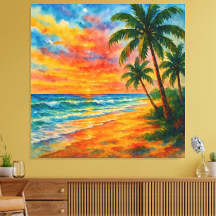 Tropical Beach Sunset Watercolor Canvas Print