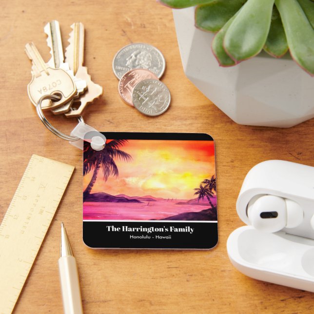 Tropical Beach Sunset Watercolor Farida Greenfield Key Ring (Desk)
